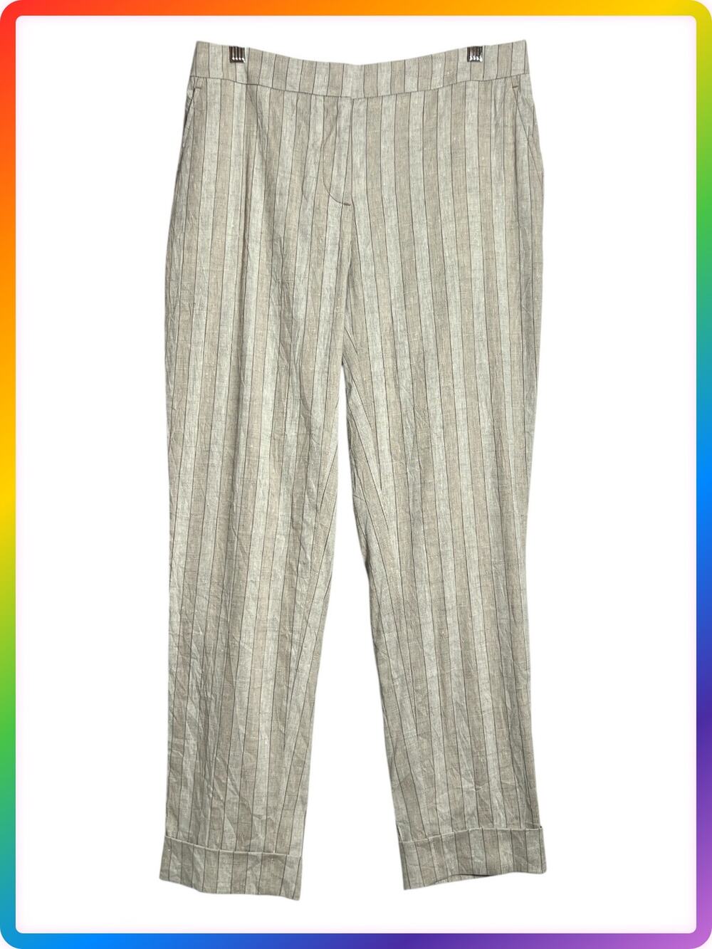 Lorena Antoniazzi Striped Linen Blend Pants SIZE 44 Gray Cuffed Relaxed Italy